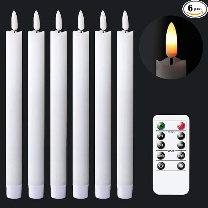 GenSwin Flameless White Taper Candles Flickering with 10-Key Remote, Battery Operated Led Warm 3D Wick Light Window Candles Real Wax Pack of 6, Christmas Home Wedding Decor(0.78 X 9.64 Inch)