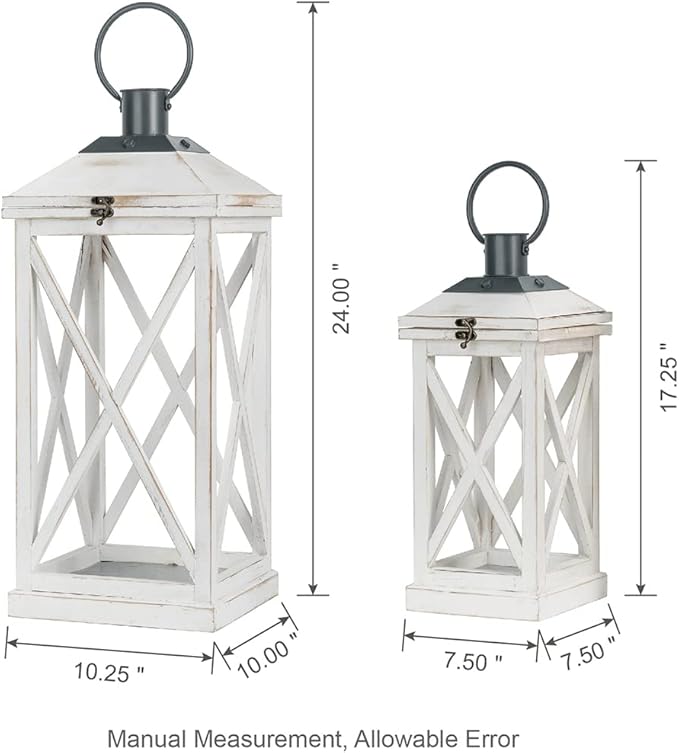 Glitzhome Mondern Farmhouse Wooden Lantern Hanging Decorative Candle Lantern for Outdoor & Indoor Wash White Set of 2 (No Glass)