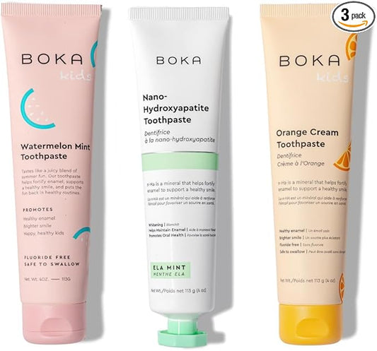 Boka Fluoride Free Toothpaste Nano Hydroxyapatite Toothpaste - Ela Mint, Orange Cream, Watermelon Mint Flavor, 4 oz 3Pk US Manufactured