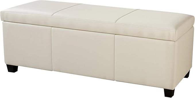 BELLEZE 47 Inch Storage Ottoman, Faux Leather Storage Bench Bedroom Bench with Safety Close Hinge, Ottoman with Storage for Living Room, Entryway, Hallway, Foot Rest, Support 300lbs - Cream
