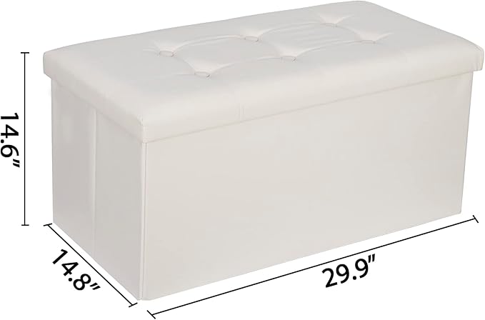 SUPER DEAL Folding Storage Ottoman Bench, Waterproof Faux Leather Ottoman Padded Seat Footrest Bench for Living Room, Bedroom, Entryway, Small Spaces, 15 x 30 x 15 inches, Creamy White