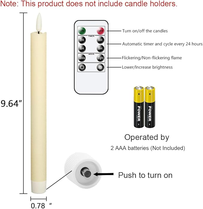 GenSwin Flameless Ivory Taper Candles Flickering with 10-Key Remote, Battery Operated Led Warm 3D Wick Light Window Candles Real Wax Pack of 6, Christmas Home Wedding Decor(0.78 X 9.64 Inch)