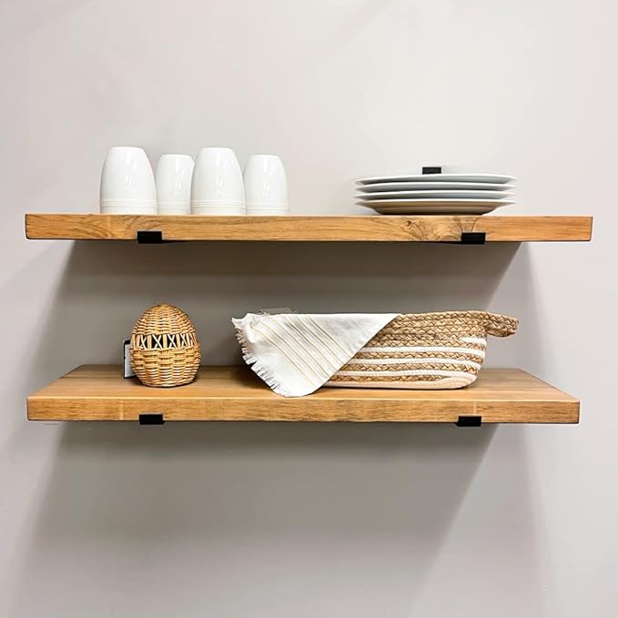 Rustic Shelves with J-Brackets Set of 2, Industrial Shelf, Kitchen Shelves, Solid Wood, Decorative Wall Storage, Heavy Duty, URBANDI (Brown, 36Wx8D)