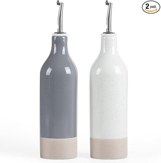 famiware Milkyway 16oz Ceramic Olive Oil Dispenser Bottle, Olive Oil and Vinegar Dispenser Bottle Set of 2 with Stainless Steel Pourers, Suitable for Storage Vinegar, Liquids, White and Dark Gray