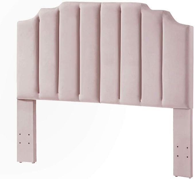 24KF Pink Velvet Tufted Queen Upholstered Headboard, Modern Vertical Channel Design California Queen/Full Headboard with Stepped Silhouette Top Edge, Pink