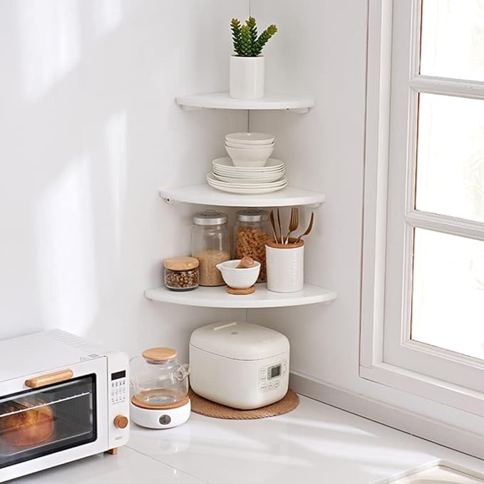 Corner Shelf, White Solid Oak Wood Floating Corner Shelves Wall Mount Round End Floating Speaker Rack Display Shelf for Small Plant Photo Frame (White, 13.8in)