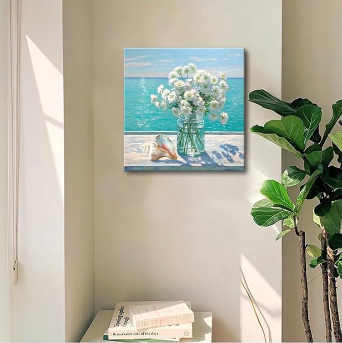 Bathroom Decor Ocean Daisy Flower Canvas Wall Art Coastal Nautical Seashell Seascape Framed Picture Ocean Theme Seascape Painting Artwork for Bedroom Home Decoration Square Blue 14x14"