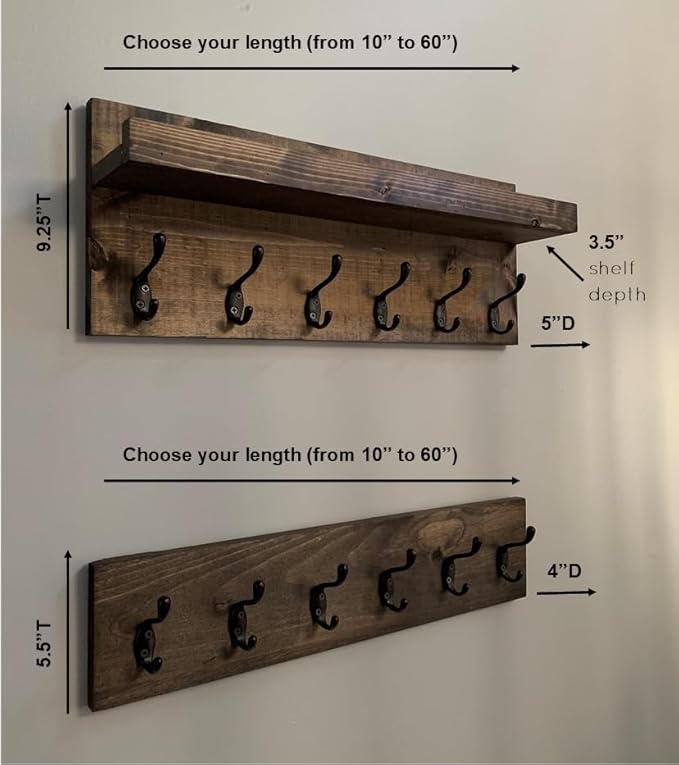 Coat Rack with Shelf Wall Mounted with Storage (Choose Your Length) Towel Rack Entryway Organizer Key Hooks (28" L (7 Hooks) Set of 2)
