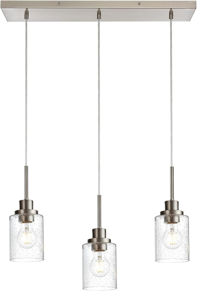 3-Light Farmhouse Chandelier Light Fixture Brushed Nickel Clear Seeded Glass Dining Room Hanging Modern Pendant Lighting Over Table,Traditional Ceiling Lights for Kitchen Island Entryway