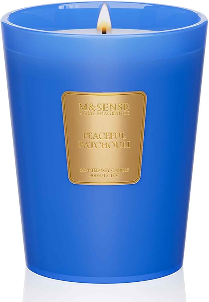 M&SENSE Peaceful Patchouli Scented Natural Soy Wax Candle, 14.1oz 60 Hours Long Lasting Slow Burning Candles for Home Decor, Aromatherapy Candle for Stress Relief