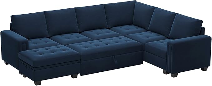 Belffin Modular Sectional Sleeper Sofa with Pull Out Bed U Shaped Sectional Sofa Couch with Storage Ottoman Velvet Covertible 7-Seater Sofa for Living Room Blue
