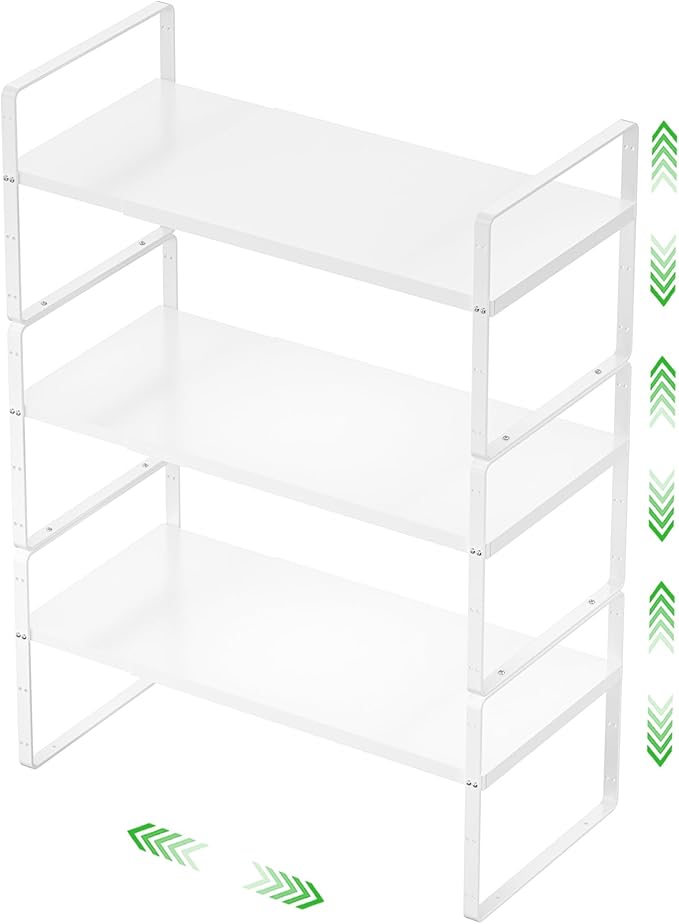 Expandable Cabinet Storage Shelf Stackable Organizer Rack for Kitchen Bathroom Pantry Spice Cupboard Countertop Home Office Desk Heavy Duty Nonslip White Small 3 Pack