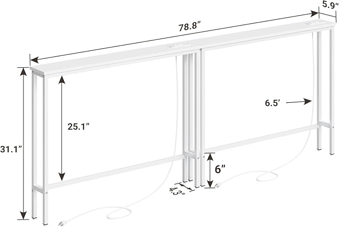 ELYKEN 2 Pack 5.9" Narrow Console Sofa Table with Power Outlets, 5.9" Dx39.4 Wx31.1 H Long Couch Table with Metal Frame and Charge Station with 6.5’ Extension Cord, White