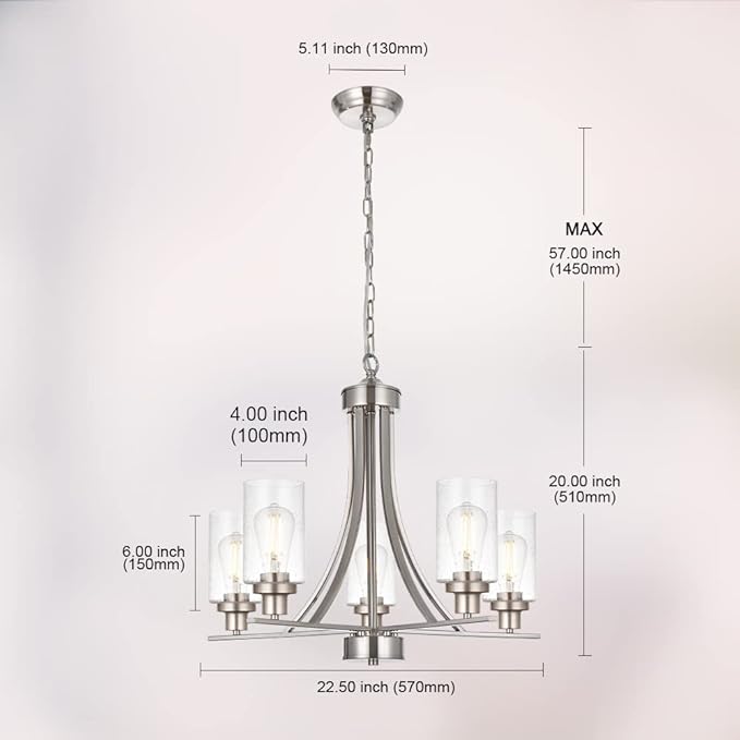BONLICHT 5 Lights Traditional Chandelier Brushed Nickel Kitchen Island Dining Room Lighting Fixtures Hanging Seeded Glass Pendant Light Modern Flush Mount Ceiling Light for Living Room Bedroom Foyer