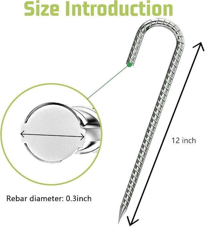 Ground-Stakes-Heavy-Duty-12 inch, J-Hook Rebar Stakes Galvanized Anti-Rust 20pcs Garden Stakes Metal Ground Anchors for Garden Dog Fence Chicken Coop Christmas Decorations Deer Fence