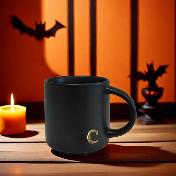 COLLECTIVE HOME - Black Monogram Ceramic Mugs, 15 oz Golden Initial Coffee Cups, Elegant Alphabet Tea Mugs, Personalized Halloween Mug with Gift Box, Perfect for Office and Home Décor (c)
