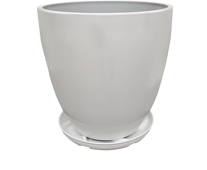 FixtureDisplays® 9.8" Diameter 11" Tall White Plant Pots, Plastic Flower Pots with Drainage Holes and Saucers for Indoor and Outdoor 15747-NF