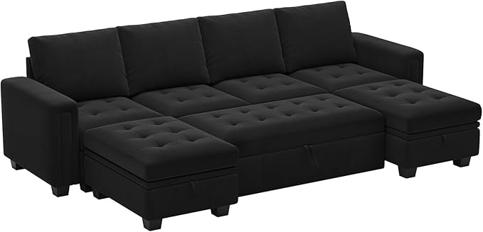 Belffin Modular Sectional Sleeper Sofa with Pull Out Bed Velvet Convertible U Shaped Sectional Sofa Couch with Storage Chaises for Living Room Black