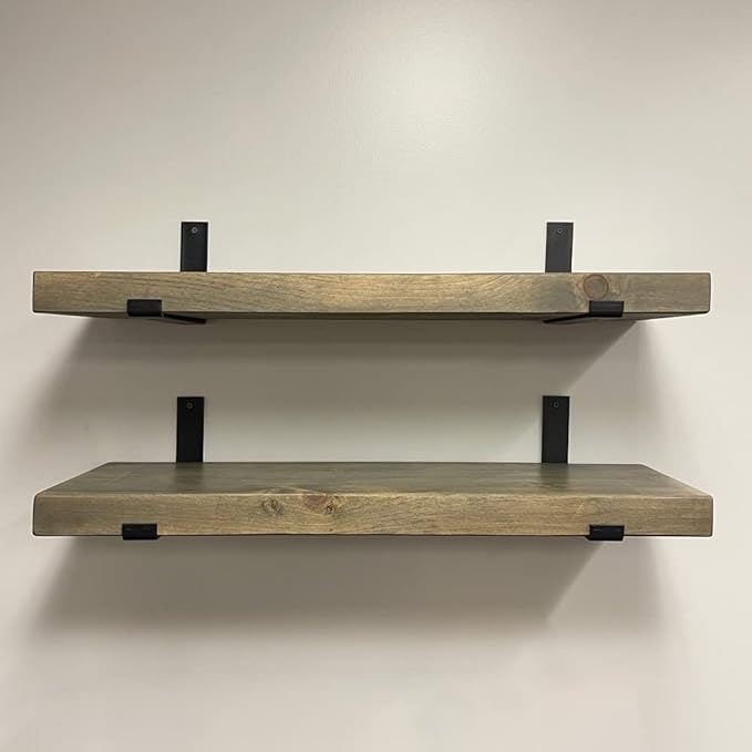 Rustic Shelves with J-Brackets Set of 2, Industrial Shelf, Kitchen Shelves, Solid Wood, Decorative Wall Storage, Heavy Duty, URBANDI (Grey, 24Wx12D)