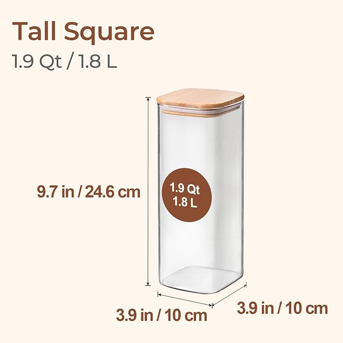 ComSaf 1.9 Qt Glass Storage Containers with Lids, Glass Jars with Lids, Clear Food Storage Jar, Square Canister Set of 3, Pantry Organizers and Storage for Flour Rice Pasta Tea Coffee Bean