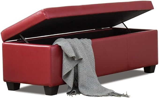 BELLEZE Storage Faux Leather Ottoman, 47 Inch Bench Bedroom Bench with Safety Close Hinge, Extra Long Ottoman with Storage for Living Room, Entryway, Hallway, Foot Rest, Support 300lbs - Red