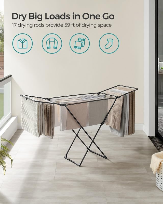 SONGMICS Clothes Drying Rack, Metal Laundry Drying Rack, Foldable, Space-Saving, Free-Standing Airer, with 2 Gullwings, Indoor Outdoor Use, Bed Linen Clothing, Black ULLR540B01