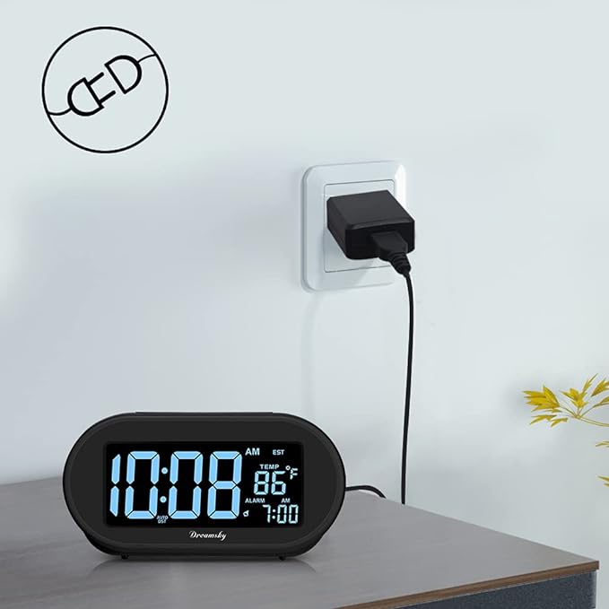 DreamSky Alarm Clocks for Bedrooms, Auto Set Digital Desk Clock for Bedside Nightstand, Electric Clock with Dimmable Brightness Dimmer, Auto DST, USB Port, Date, Temperature, Snooze