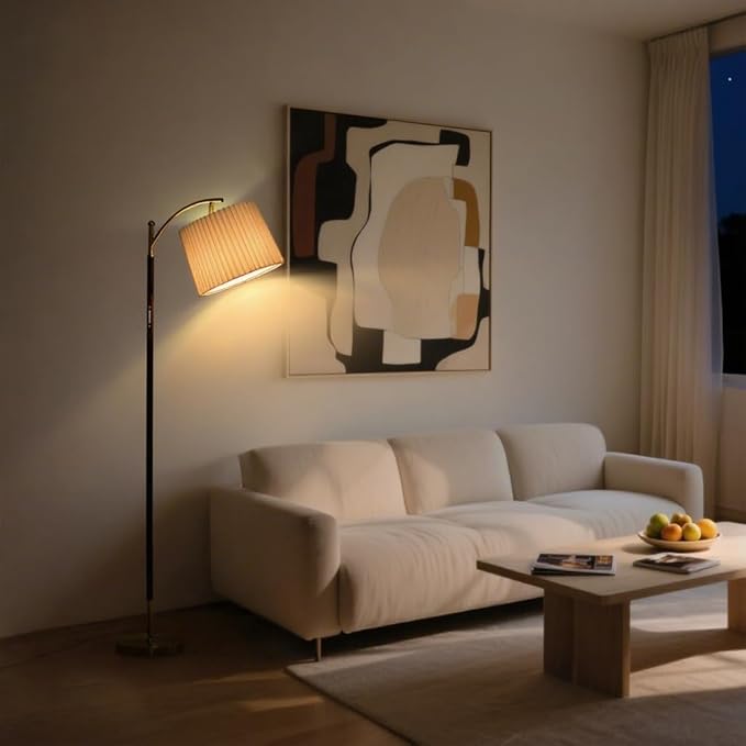 Floor Lamp, LED Floor Lamp with APP & Remote & Touch Control, Stepless Color Temperatures and Brightness, Tall Standing Lamp with Pleated Lampshade for Living Room, Bedroom, Office(Black Gold)