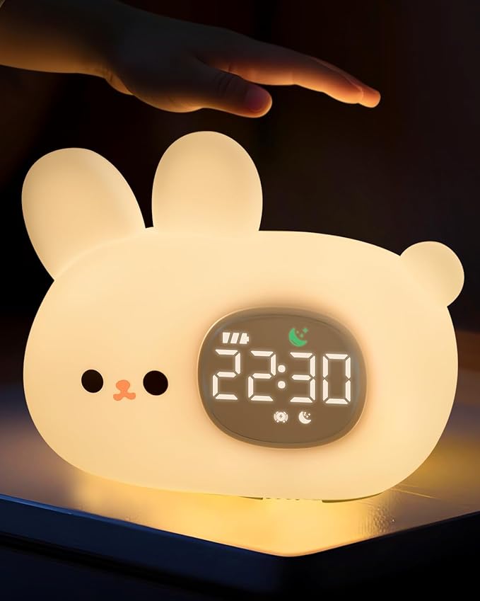 Bunny Alarm Clock for Kids with Night Light, Sleep Training Clock Time to Wake Clock, Rechargeable Silicone Light for Bedroom, Perfect Sleep Companion for Boys Girls
