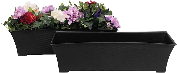 Elly Décor Set of 2 24x8 Rectangular Modern, Resistant and Self Watering Planter with Rattan-Like Finish, 24", Gray