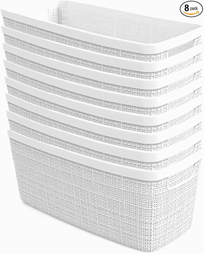 Curver Jute Decorative Plastic Organization and Storage Basket Perfect Bins for Home Office, Closet Shelves, Kitchen Pantry and All Bedroom Essentials, Slim, White, Set of 8
