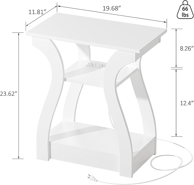 End Tables Living Room, White End Table with Charging Station,White Side Table, Nightstand for Bedroom, 3 Tier End Table with Storage Shelf for Living Room