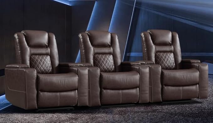 CANMOV Electric Power Recliner Chair Set of 3, Breathable Leather Home Theater Seating with Hidden Arm Storage, Power Recliner Chair with USB Ports and Cup Holders for Living Room,Red Brown