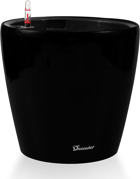 Dexceder 18x17 Self Watering Planter with Wheels Indoor Outdoor, Inner Pot Design, Thickened Large Floor Standing Flower Plant Pot with Water Level Indicator (Black Matte)