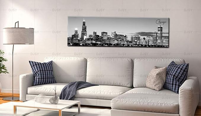 DJSYLIFE Chicago Skyline Wall Art - Black and White Modern Panoramic Cityscape Night View Picture Painting Bedroom Office Living Room Kitchen Home Decoration - Ready to Hang 13.8 "x 47.3" - Chicago 2