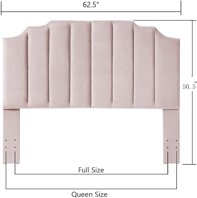 24KF Pink Velvet Tufted Queen Upholstered Headboard, Modern Vertical Channel Design California Queen/Full Headboard with Stepped Silhouette Top Edge, Pink
