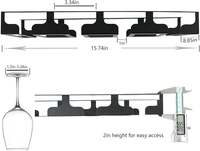 Wine Glass Rack - Under Cabinet Stemware Wine Glass Holder Glasses Storage Hanger Metal Hanging Organizer for Bar Kitchen, Black 4 Rows 2 Packs