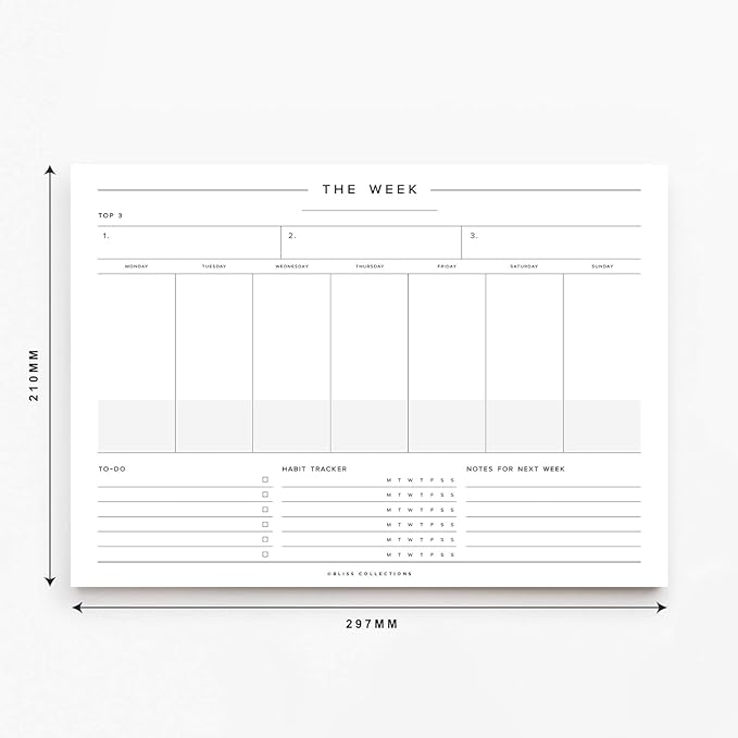 Bliss Collections Weekly Planning Pad, To Do List Notebook - Undated Tear-Off Sheets Notepad - Work Calendar, Organizer, Scheduler for Goals, Tasks - Minimalist, 8.5" x 11", 50 Sheets