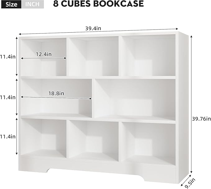 Book Shelf, 8 Cubes Storage Organizer, 3-Tier Open Shelf Wooden Bookcase, Freestanding White Bookshelf Cube Shelf for Bedroom, Living Room