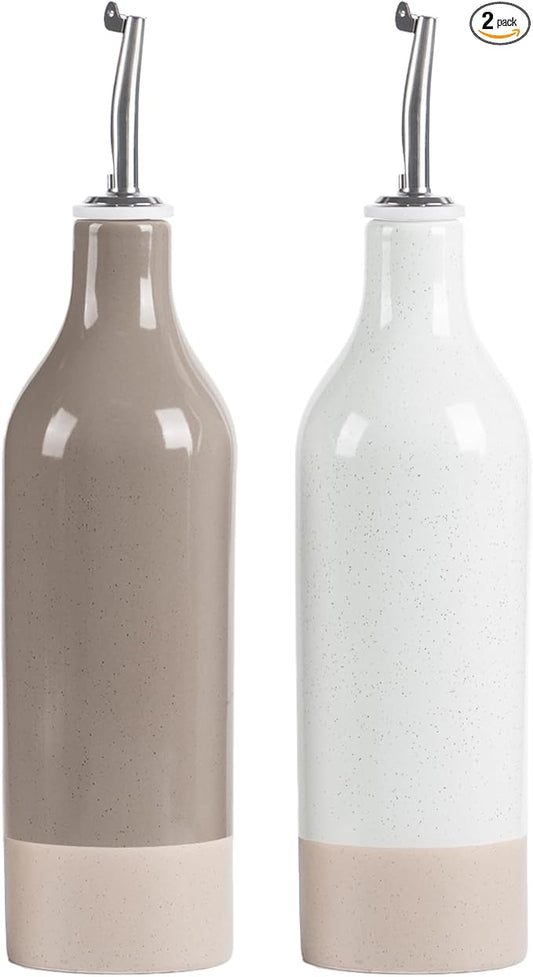 famiware Milkyway 16oz Ceramic Olive Oil Dispenser Bottle, Olive Oil and Vinegar Dispenser Bottle Set of 2 with Stainless Steel Pourers, Suitable for Storage Vinegar, Liquids, White and Cinnamon Brown