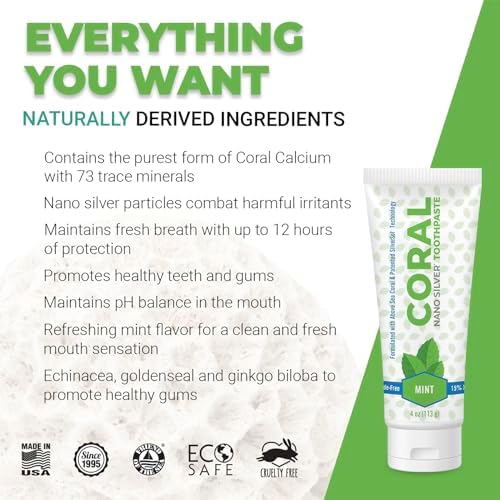 Coral White Nano Silver Mint Toothpaste, Natural Fluoride Free Teeth Whitening Toothpaste, Coral Calcium Nano Silver Infused SLS, Glycierin Free 4 Ounce (4 Pack)