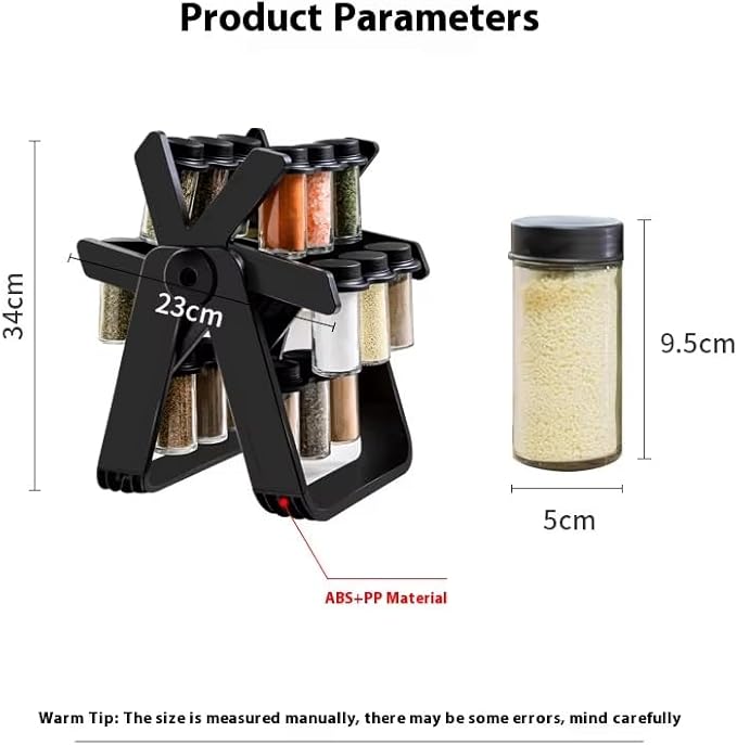 A&K's Rotating Spice Rack Organizer, 18 Glass Jars, 360-Degree Turntable, Black, Comes with Spice Label Stickers, Funnel, and Water Pen. Best for Kitchen Organization, Countertop, Pantry, and Cabinet.