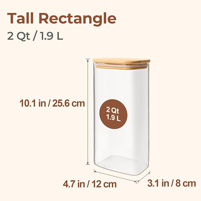 ComSaf 2 Qt Rectangle Glass Storage Containers with Lids, Glass Jars with Bamboo Lids, Clear Food Jar, Square Canister Set of 3, Pantry Organizers and Storage for Flour Pasta Coffee Bean