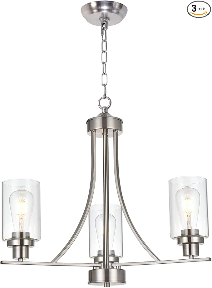 BONLICHT Contemporary Chandelier 3 Light Brushed Nickel Modern Lighting Fixtures Hanging Clear Glass Shades Pendant Light Classic Ceiling Lamp for Kitchen Dinging Room Living Room Bedroom Hallway