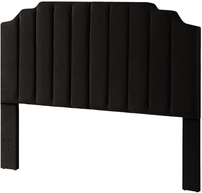 24KF Black Velvet Tufted King Upholstered Headboard, Modern Vertical Channel Design California King Headboard with Stepped Silhouette Top Edge,Black