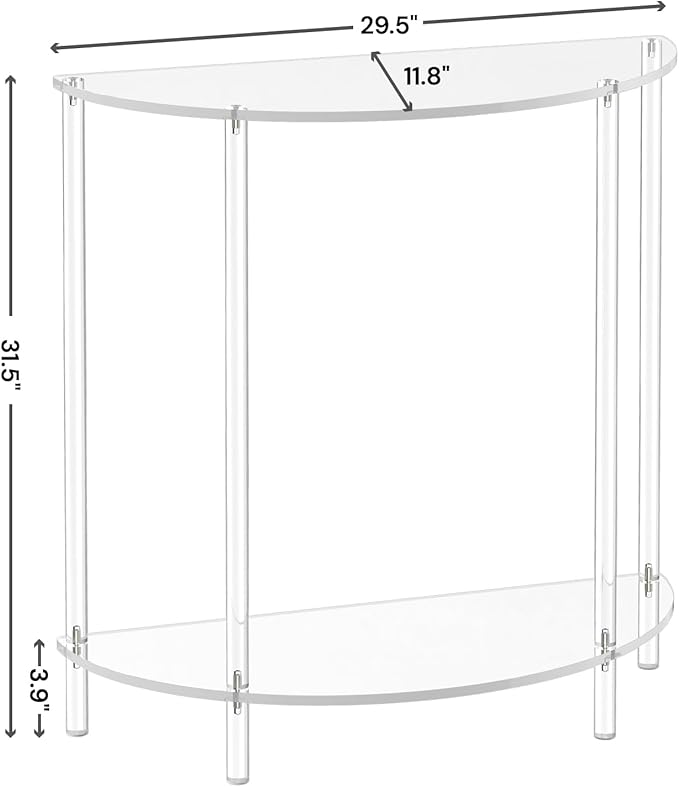 Acrylic Console Table, Half Moon, 29.5" Small Entryway Table, Clear Entry Table for Sofa, Foyer, Hallway, Living Room, Easy Assembly, 2 Tier, 11.8" D x 31.5" H
