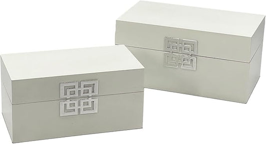 Galt International Storage Box Set Decorative Storage Box w/Hinged Lid Classic Design Wood Decor Boxes with Geometric Clasp Storage for Bedroom & Home - Set of 2 (White & Silver)