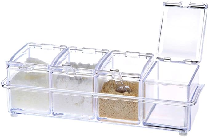 Clear Seasoning Box - 4 Piece Acrylic Spice Storage Container storage Tool for Kitchen Herb Spice Tools Gadgets-Cruet with Lid and Spoon