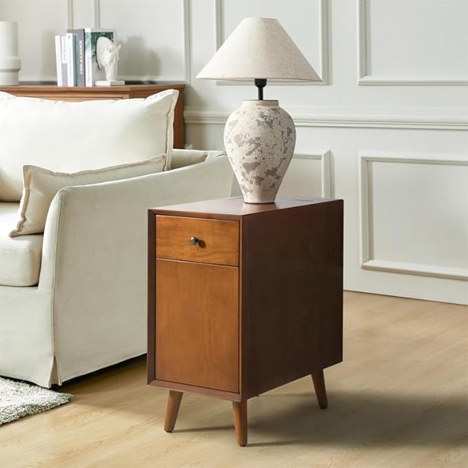 HULALA HOME End Table with Drawer and Charging Station, Modern End Table with USB Ports and Outlets, Wooden Side Table with Storage-Acorn