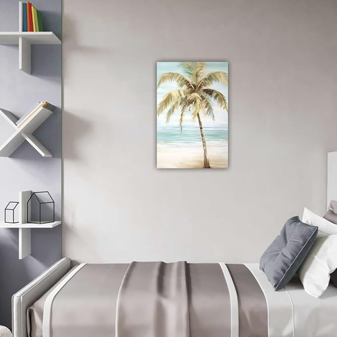 LURENCZH Tropical Beach Canvas Wall Art Seaside Palm Tree Picture Wall Decor Ocean Scenery Painting Prints for Bathroom Decor Framed(Beach-1,12.00" x 18.00")